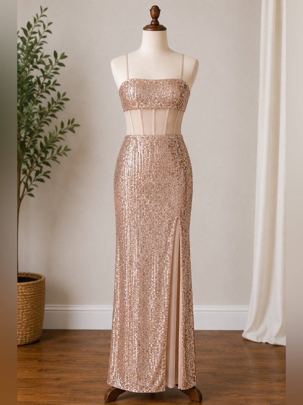 BCBGMAXAZRIA Rose Gold Sequin Sheer Corset Slit Maxi Dress Size Small NWT